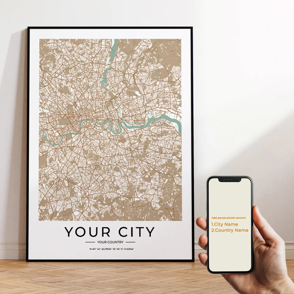 Custom City Map Wall Art Fine Art Canvas Print Simple Minimalist Design Modern Artworks For Living Room Home & Office - Custom Made For Your City!