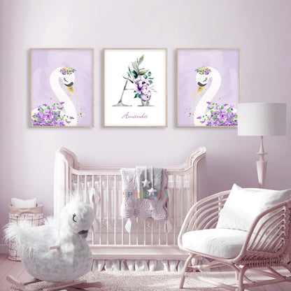Cute Purple Love Swan Personalized Baby's Name Wall Art For Nursery Room Canvas Print Posters Custom Pictures For Girl's Room Wall Decororation