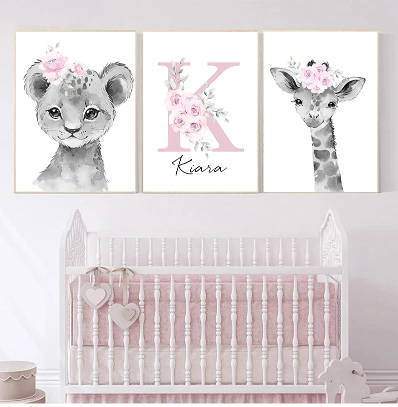 Cute Animals Nordic Nursery Posters Personalized Baby's Name Wall Art Fine Art Canvas Prints Pictures For Baby's Room Nursery Room Wall Decor