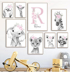 Cute Animals Nordic Nursery Posters Personalized Baby's Name Wall Art Fine Art Canvas Prints Pictures For Baby's Room Nursery Room Wall Decor
