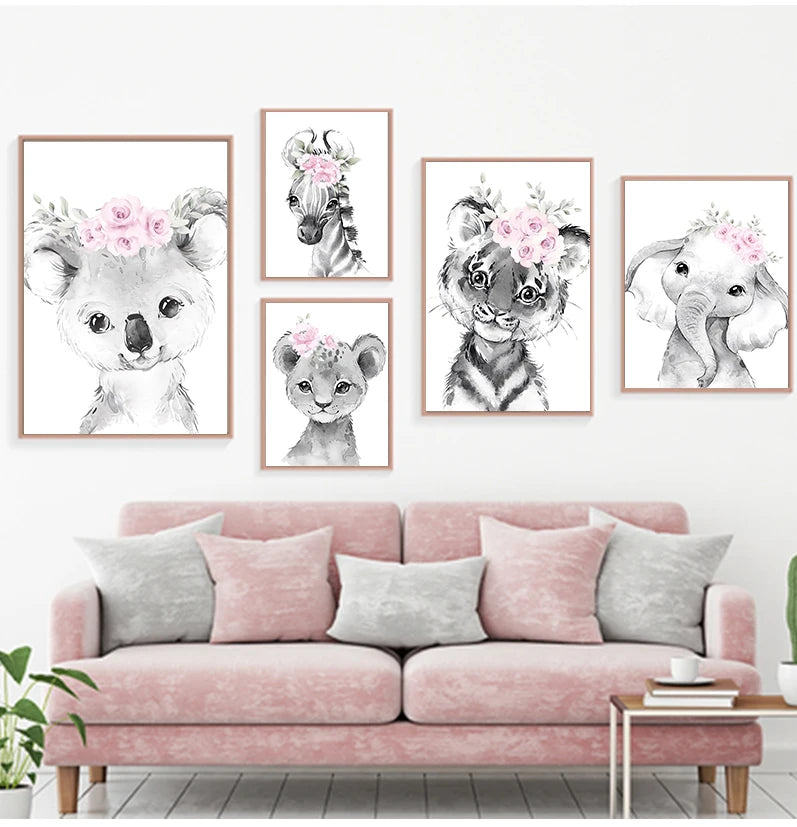 Cute Animals Nordic Nursery Posters Personalized Baby's Name Wall Art Fine Art Canvas Prints Pictures For Baby's Room Nursery Room Wall Decor