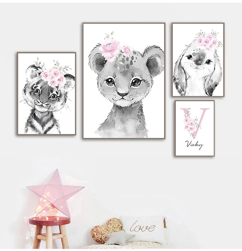 Cute Animals Nordic Nursery Posters Personalized Baby's Name Wall Art Fine Art Canvas Prints Pictures For Baby's Room Nursery Room Wall Decor
