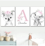 Cute Animals Nordic Nursery Posters Personalized Baby's Name Wall Art Fine Art Canvas Prints Pictures For Baby's Room Nursery Room Wall Decor