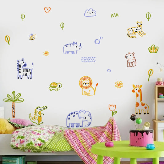 Cute Artistic Animal Line Art Wall Decals – Hand-Drawn Watercolor Cartoon Hippo Rhino Elephant Nursery Wall Stickers for Creative DIY Home Decor