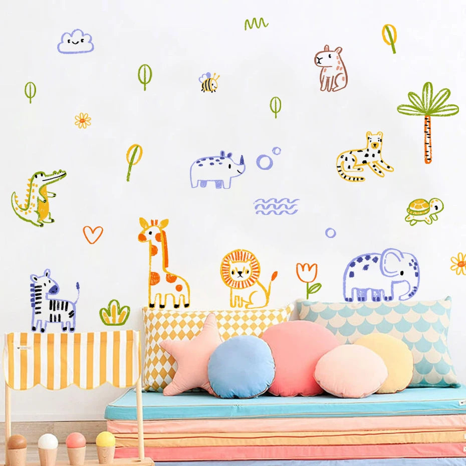 Cute Artistic Animal Line Art Wall Decals – Hand-Drawn Watercolor Cartoon Hippo Rhino Elephant Nursery Wall Stickers for Creative DIY Home Decor