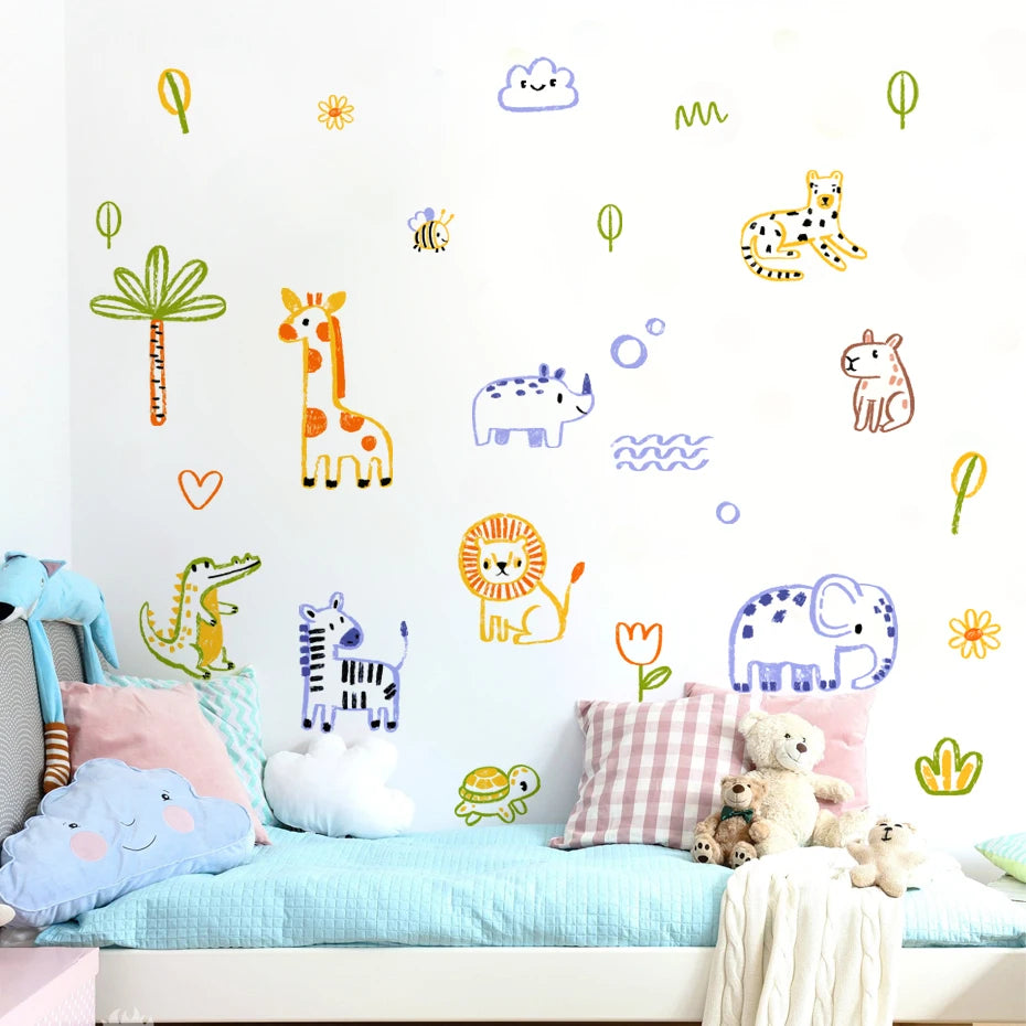 Cute Artistic Animal Line Art Wall Decals – Hand-Drawn Watercolor Cartoon Hippo Rhino Elephant Nursery Wall Stickers for Creative DIY Home Decor