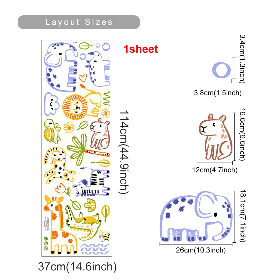 Cute Artistic Animal Line Art Wall Decals – Hand-Drawn Watercolor Cartoon Hippo Rhino Elephant Nursery Wall Stickers for Creative DIY Home Decor