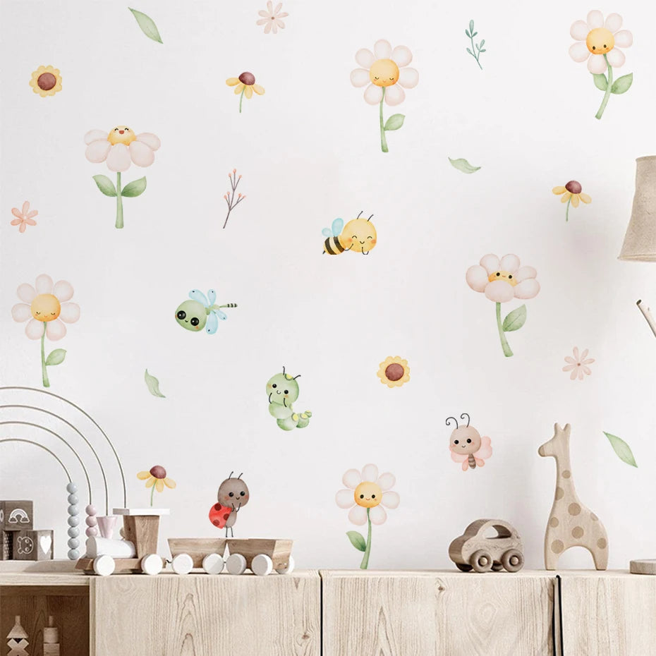 Cute Bee & Daisy Flower Wall Decal – Soft Watercolor Cartoon Wall Stickers for Nursery, Kids’ Room or Kindergarten Decor