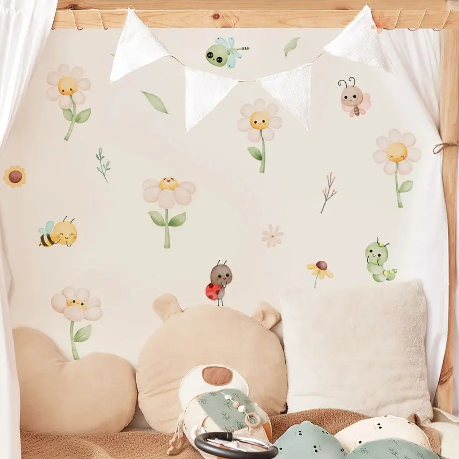 Cute Bee & Daisy Flower Wall Decal – Soft Watercolor Cartoon Wall Stickers for Nursery, Kids’ Room or Kindergarten Decor