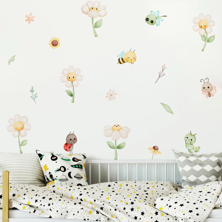 Cute Bee & Daisy Flower Wall Decal – Soft Watercolor Cartoon Wall Stickers for Nursery, Kids’ Room or Kindergarten Decor