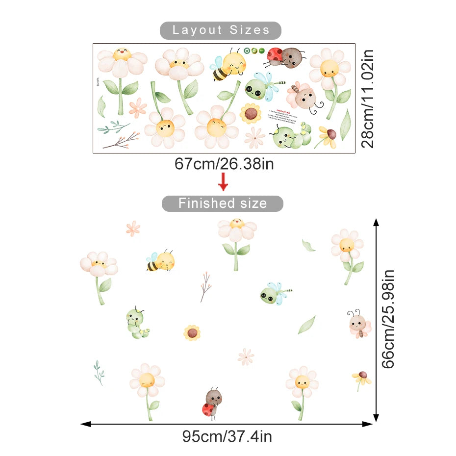 Cute Bee & Daisy Flower Wall Decal – Soft Watercolor Cartoon Wall Stickers for Nursery, Kids’ Room or Kindergarten Decor
