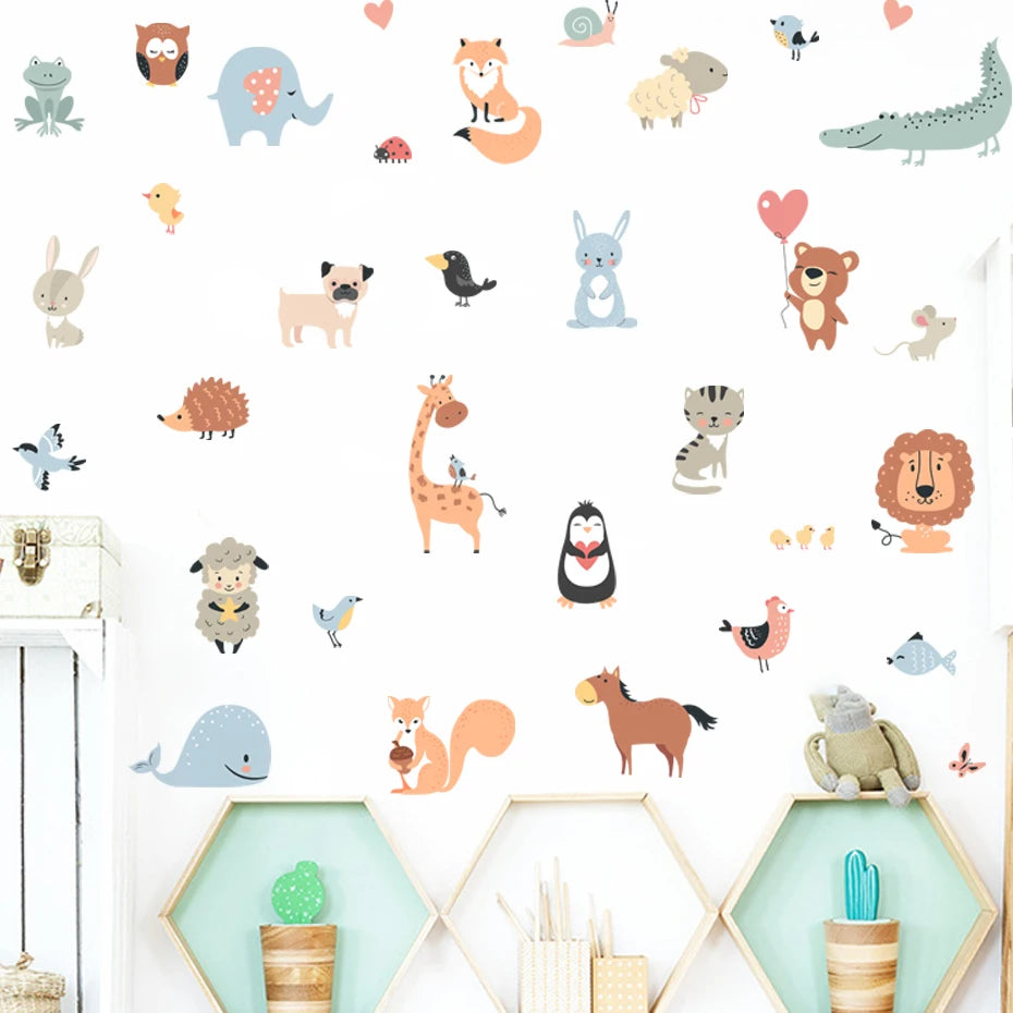 Wallpaper with various cartoon animals on a white background
