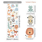 Sheet of cartoon animal stickers with dimensions and layout sizes displayed.
