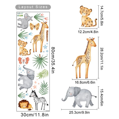 Illustrations of animals with their dimensions on a white background