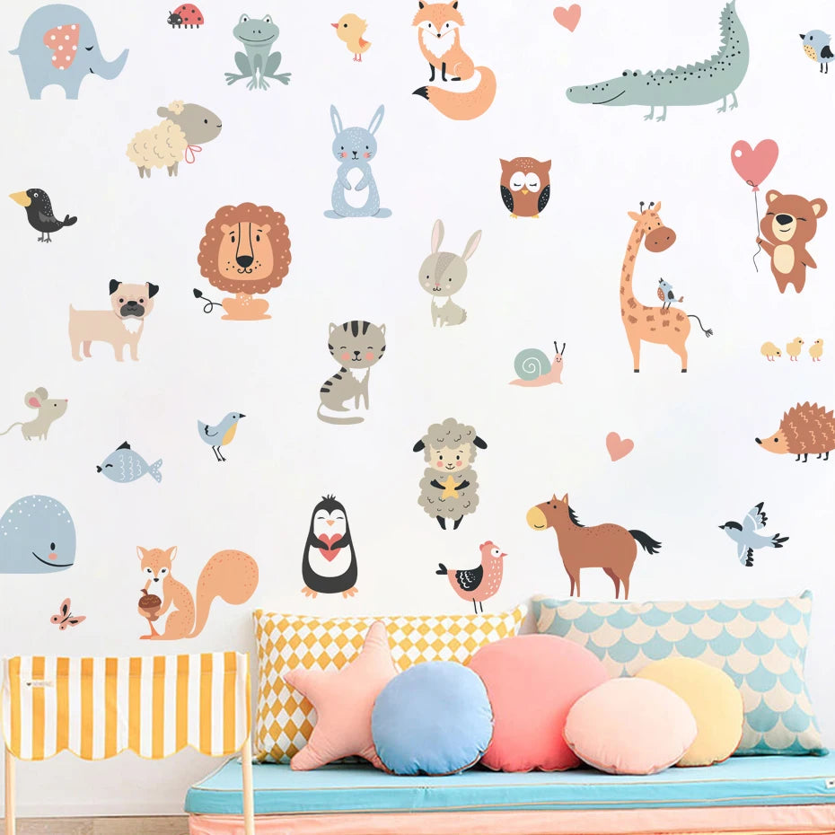 Children's room with colorful animal wall decals and a bench with patterned cushions.