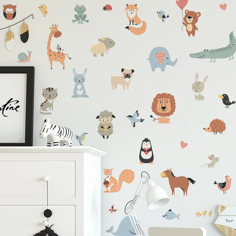 Children's room with animal-themed wall decals on a light gray background.