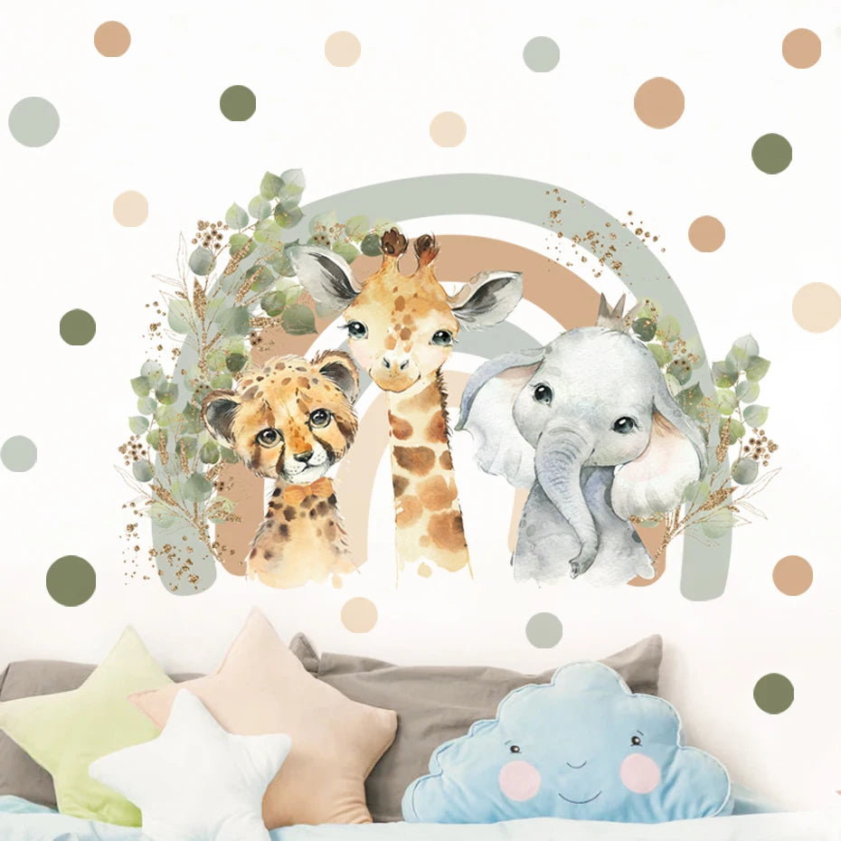 Wall decal of a cheetah, giraffe, and elephant surrounded by foliage on a polka dot wall.