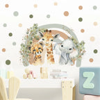 Children's room with animal-themed wall decal, toys, and a chair.