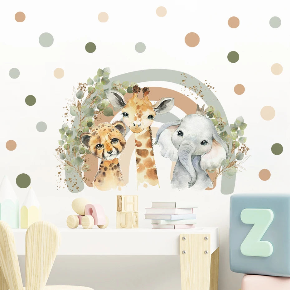 Children's room with animal-themed wall decal, toys, and a chair.