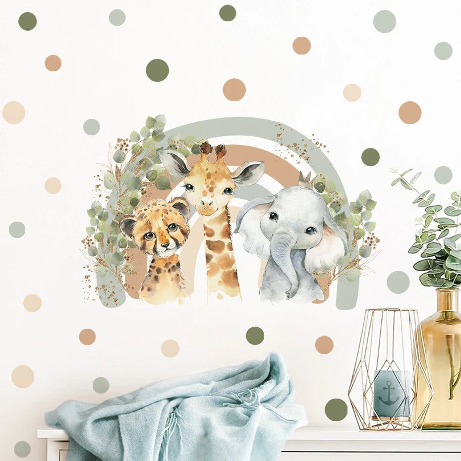 Decorative wall sticker with animals and polka dots on a wall.