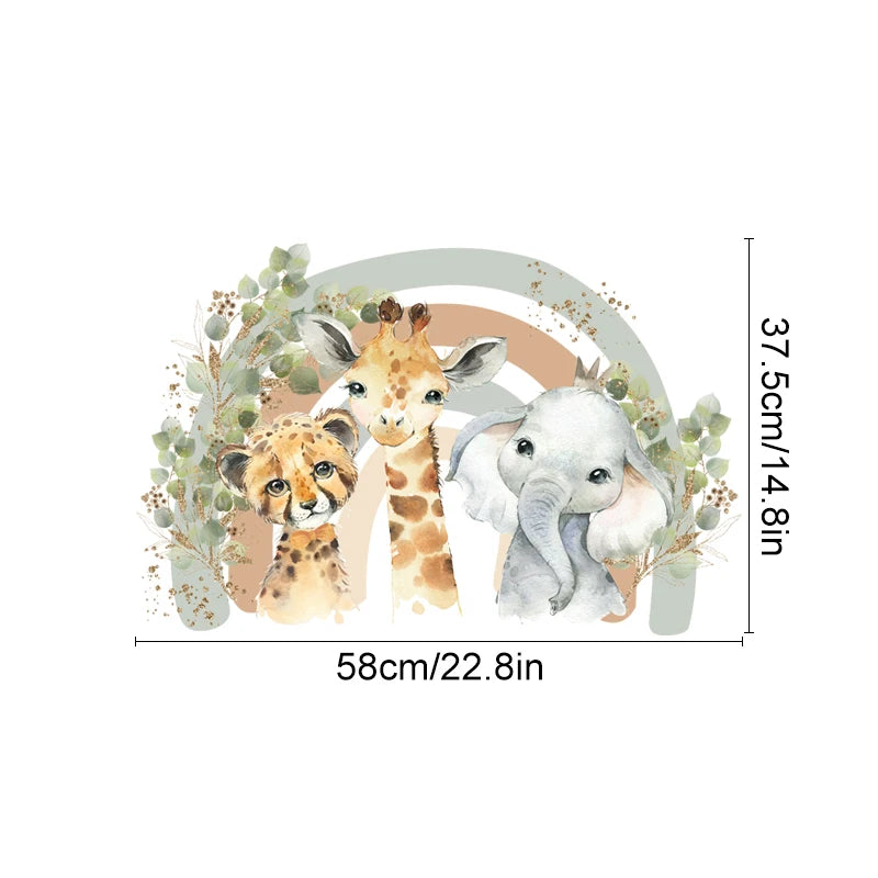 Illustration of a cheetah, giraffe, and elephant under an arch with floral decorations, shown with dimensions.