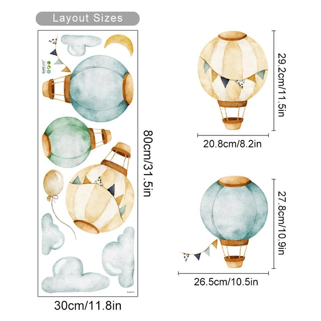 Hot air balloon wall stickers with dimensions on a white background