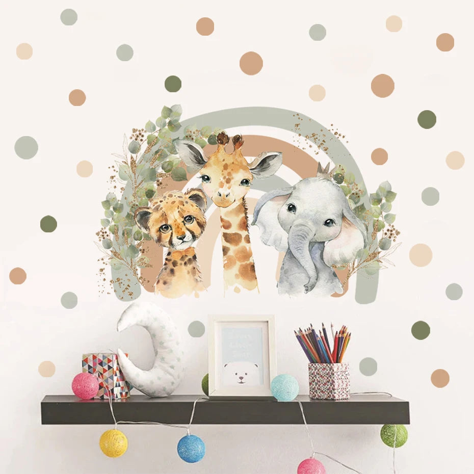 Decorative wall with animal-themed wall art, shelf, and colorful polka dots.