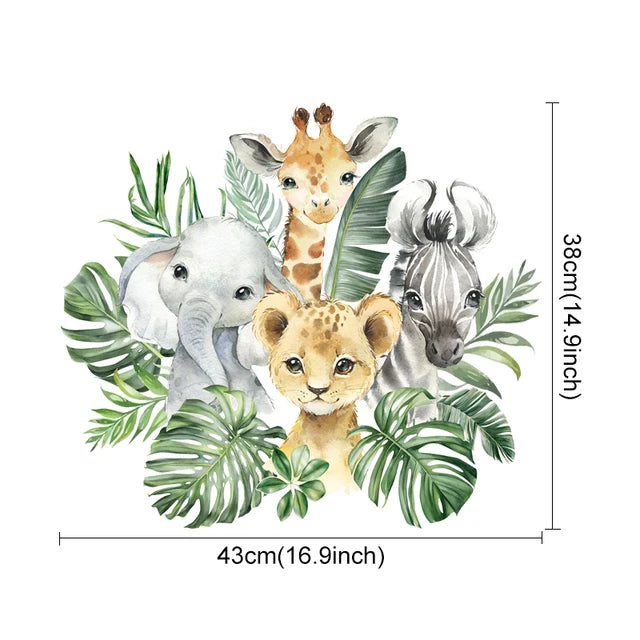 Illustration of five baby animals surrounded by leaves with dimensions indicated.