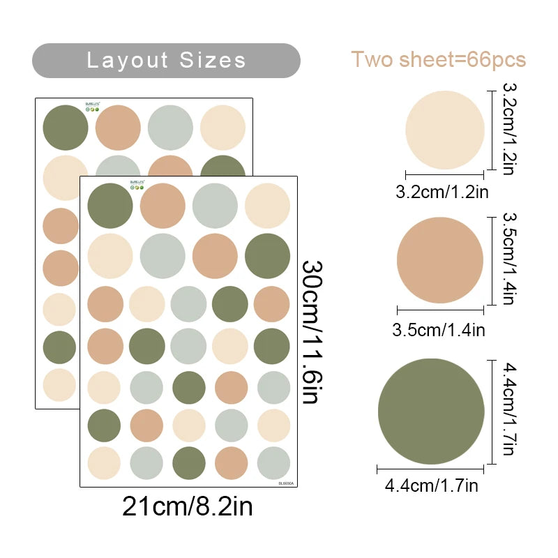 Color swatch chart with layout sizes and dimensions on a white background