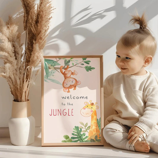 Cute Cartoon Jungle Animal Nursery Wall Art Fine Art Canvas Prints for Kids Room, Baby Bedroom or Playroom Decor
