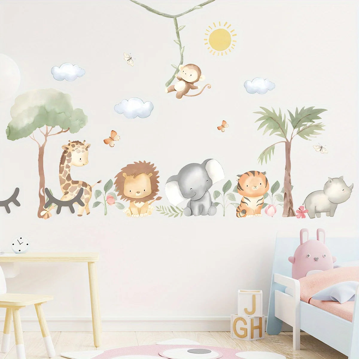 Cute Cartoon Jungle Animals Wall Decals – Peel & Stick Lion Giraffe Elephant Tiger Wall Stickers for Nursery Classroom, Kindergarten & Children's Playroom Spaces