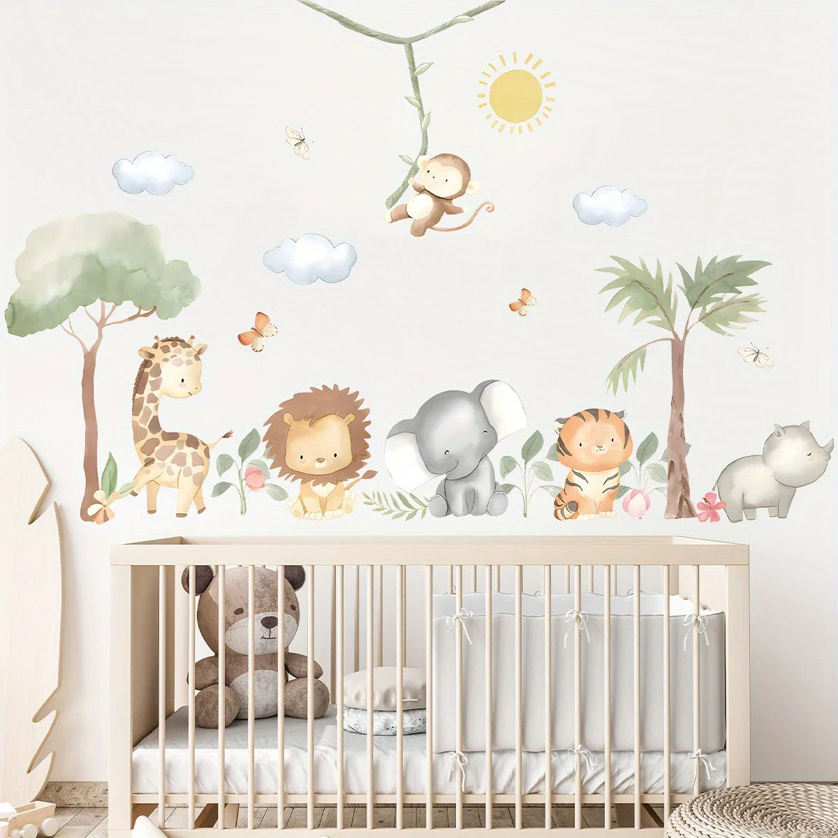 Cute Cartoon Jungle Animals Wall Decals – Peel & Stick Lion Giraffe Elephant Tiger Wall Stickers for Nursery Classroom, Kindergarten & Children's Playroom Spaces