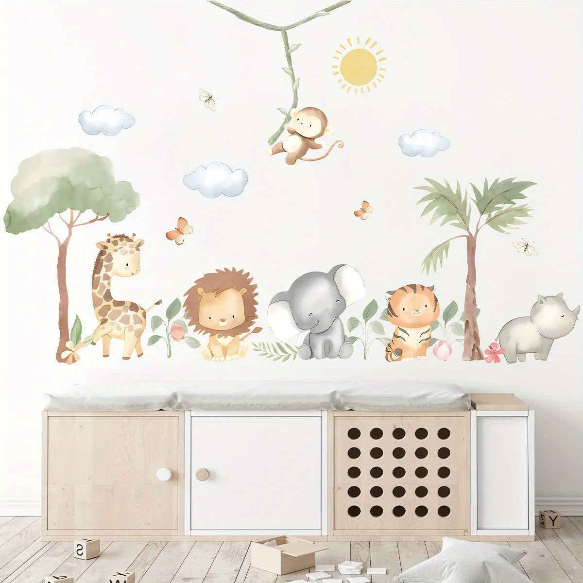 Cute Cartoon Jungle Animals Wall Decals – Peel & Stick Lion Giraffe Elephant Tiger Wall Stickers for Nursery Classroom, Kindergarten & Children's Playroom Spaces
