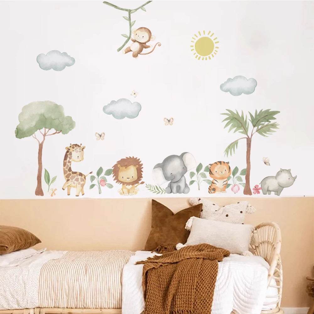 Cute Cartoon Jungle Animals Wall Decals – Peel & Stick Lion Giraffe Elephant Tiger Wall Stickers for Nursery Classroom, Kindergarten & Children's Playroom Spaces
