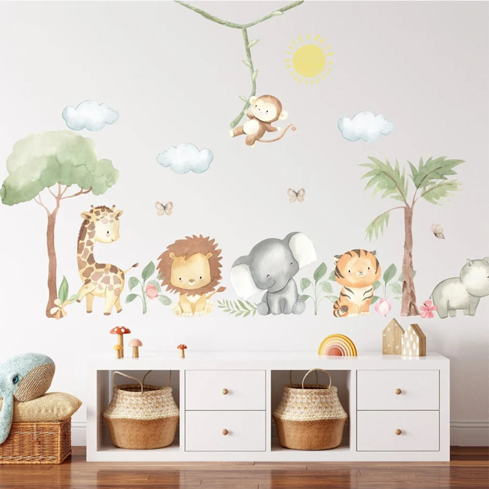 Cute Cartoon Jungle Animals Wall Decals – Peel & Stick Lion Giraffe Elephant Tiger Wall Stickers for Nursery Classroom, Kindergarten & Children's Playroom Spaces
