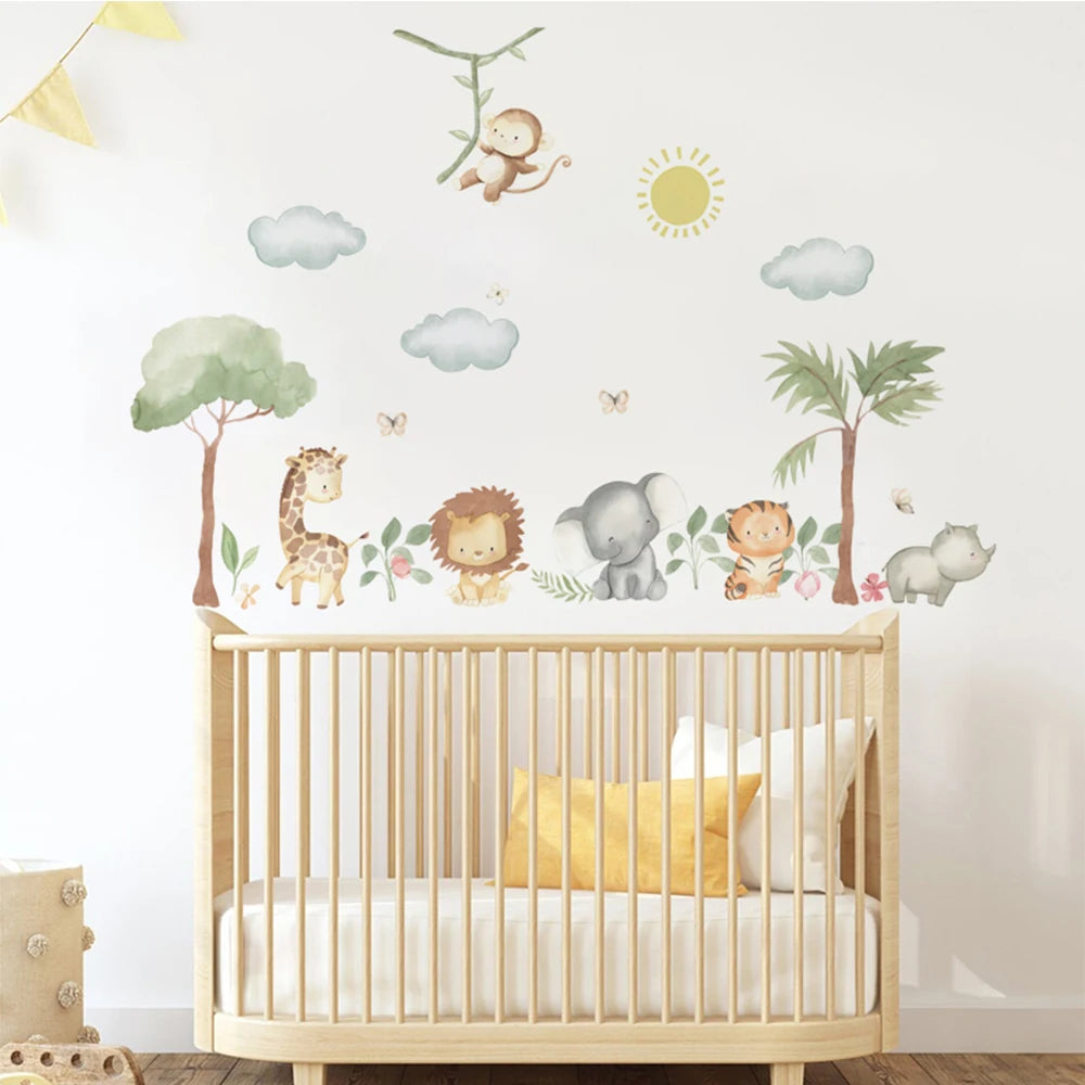 Cute Cartoon Jungle Animals Wall Decals – Peel & Stick Lion Giraffe Elephant Tiger Wall Stickers for Nursery Classroom, Kindergarten & Children's Playroom Spaces