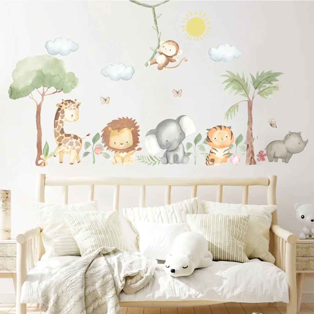 Cute Cartoon Jungle Animals Wall Decals – Peel & Stick Lion Giraffe Elephant Tiger Wall Stickers for Nursery Classroom, Kindergarten & Children's Playroom Spaces