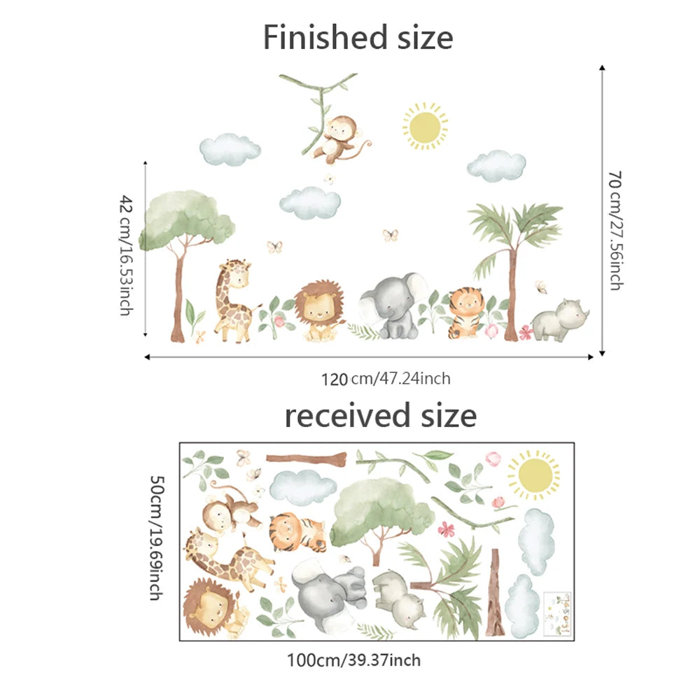 Cute Cartoon Jungle Animals Wall Decals – Peel & Stick Lion Giraffe Elephant Tiger Wall Stickers for Nursery Classroom, Kindergarten & Children's Playroom Spaces