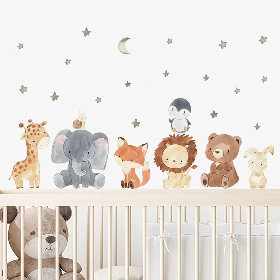 Children's room with crib and wall stickers of animals and stars