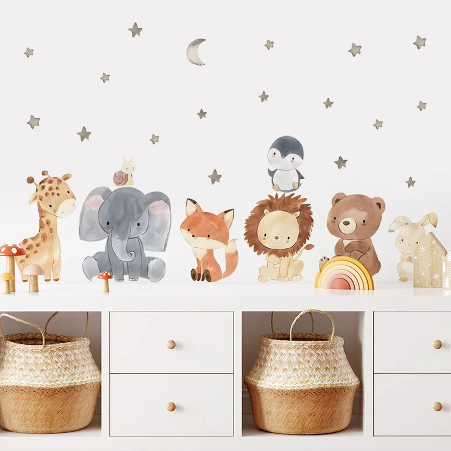 Children's room with animal wall stickers on a white wall.