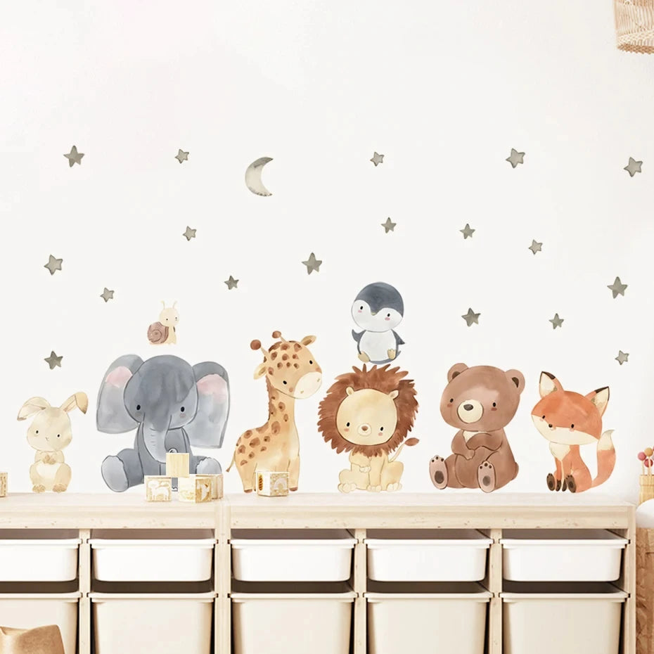 Children's room with animal-themed wall decals and toys on a shelf.