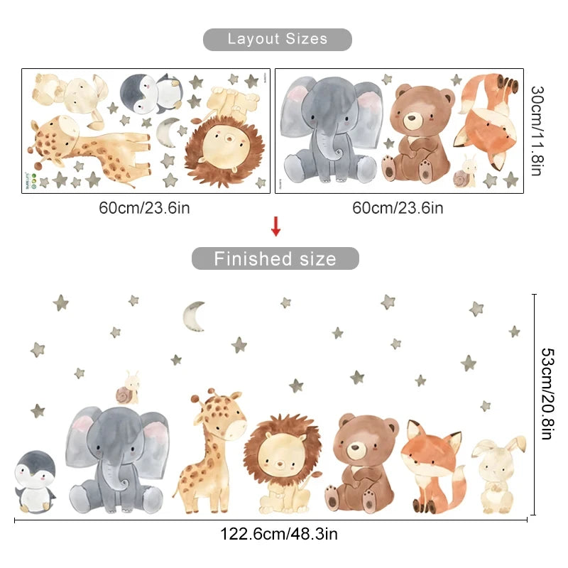 Wall stickers of animals with layout sizes and finished size measurements.