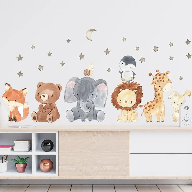 Cute Cartoon Safari Animal Wall Decals – Watercolor Elephant, Giraffe, Bear & Fox Stickers for Kids’ Room Decor