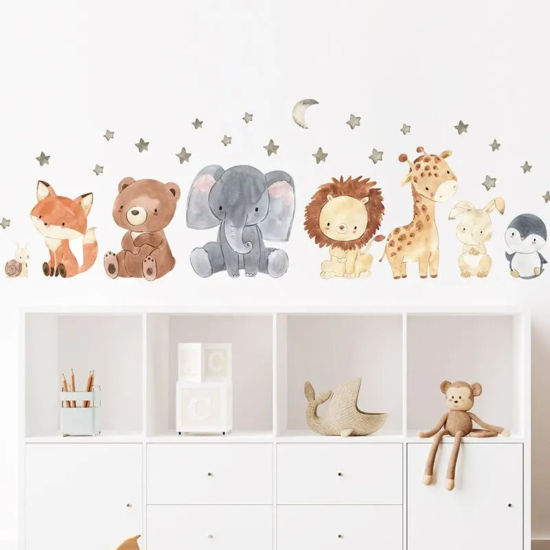 Cute Cartoon Safari Animal Wall Decals – Watercolor Elephant, Giraffe, Bear & Fox Stickers for Kids’ Room Decor