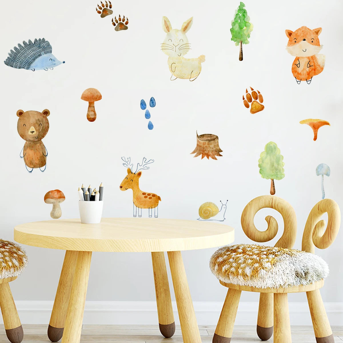 Cute Cartoon Woodland Animals Wall Decals – Bear, Deer, Fox, Rabbit & Forest Animals Footprints in Vivid Color Wall Stickers for Nursery or Kids’ Room Decor