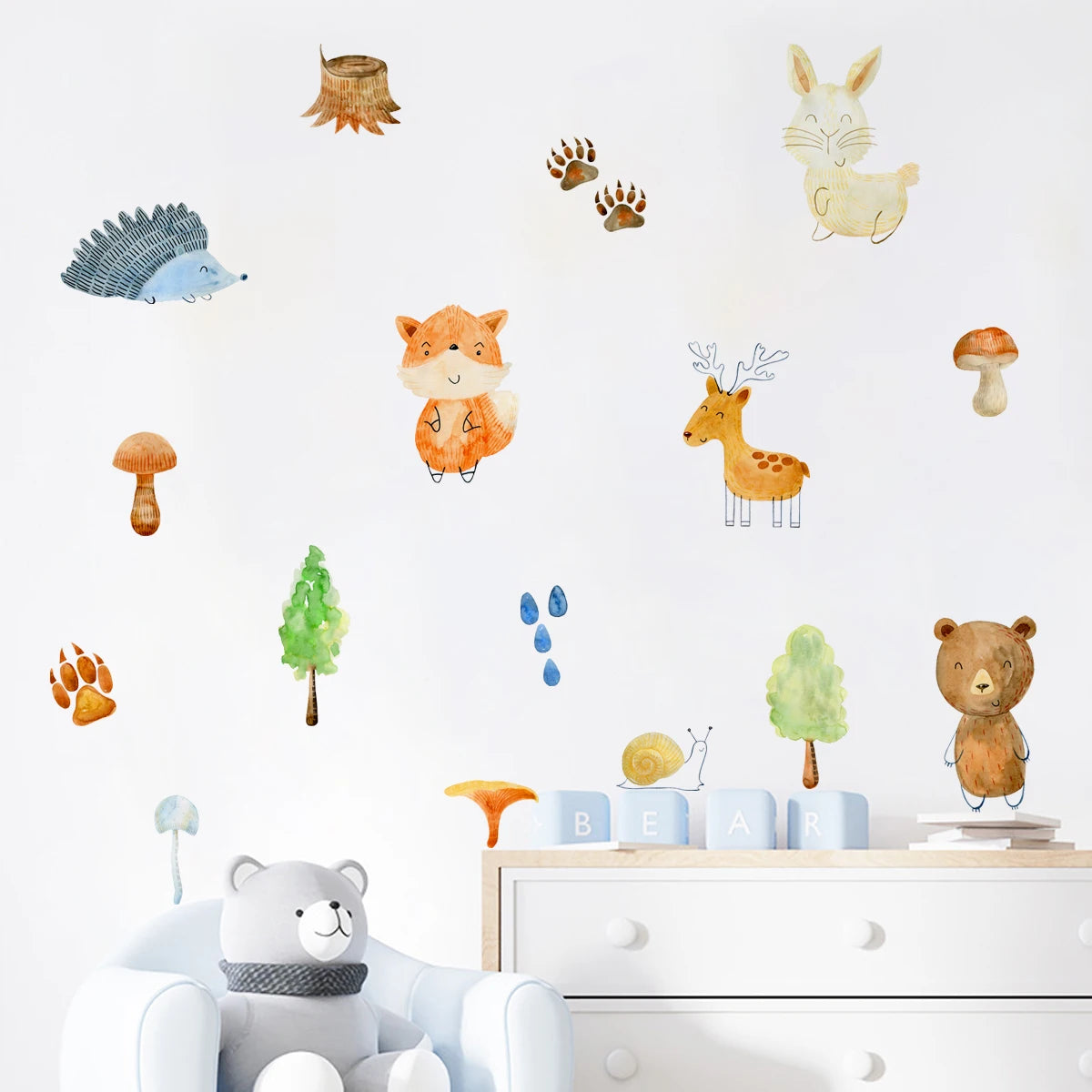 Cute Cartoon Woodland Animals Wall Decals – Bear, Deer, Fox, Rabbit & Forest Animals Footprints in Vivid Color Wall Stickers for Nursery or Kids’ Room Decor