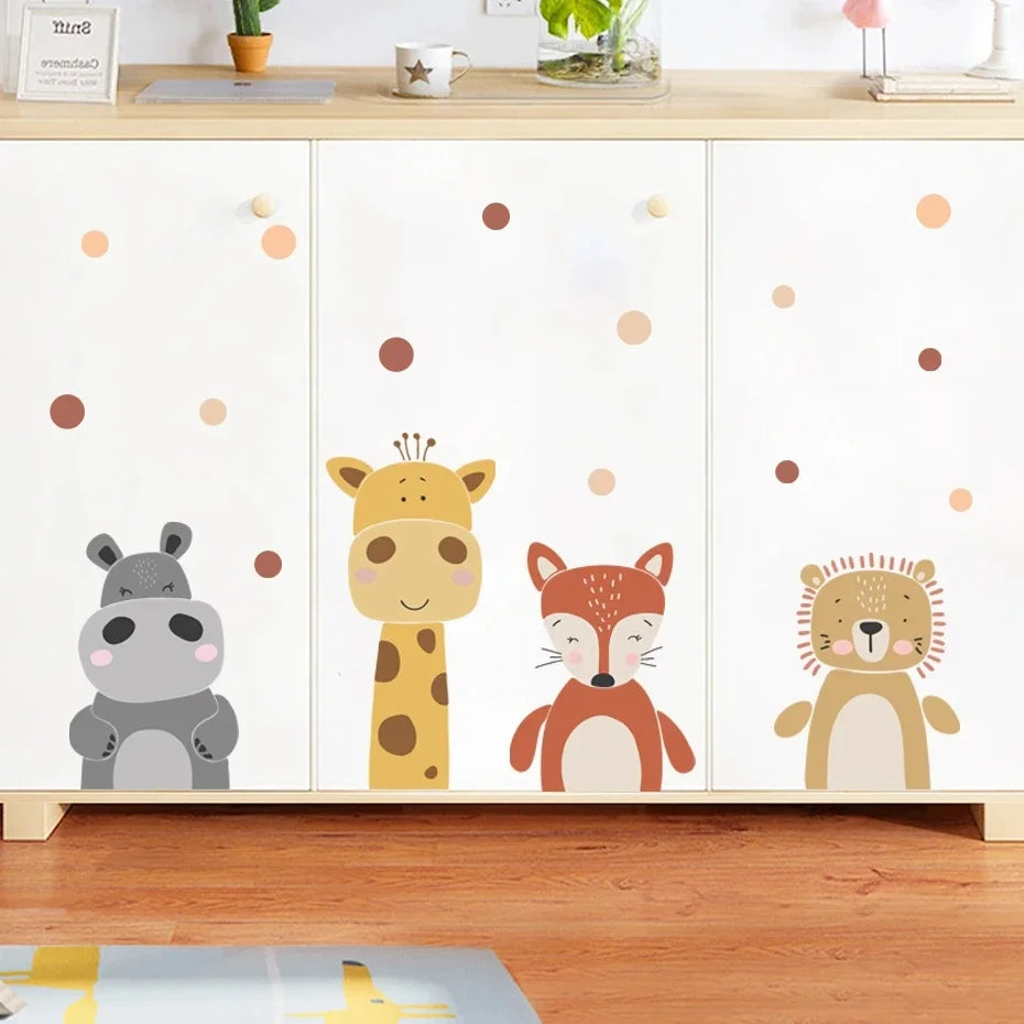 Cabinet with cartoon animal decals on a wooden floor