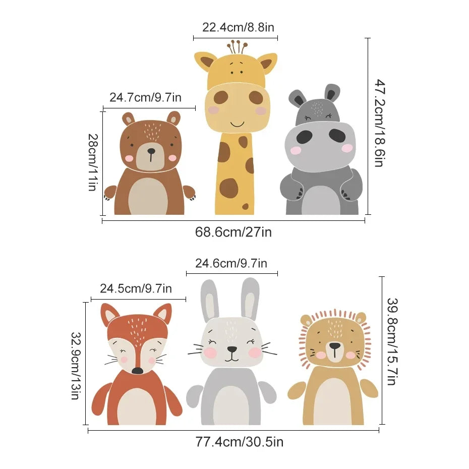 Illustrations of various animal characters with their dimensions on a white background