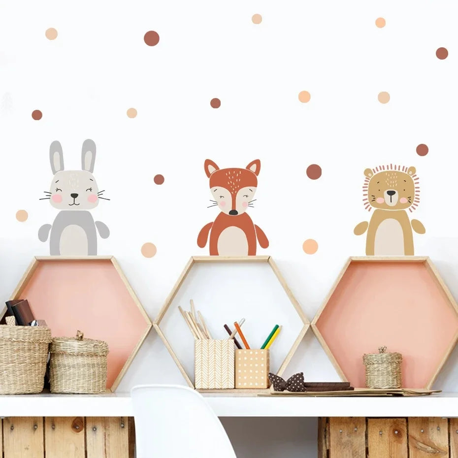 Hexagonal shelves with animal figurines and decorative items against a polka dot wall.