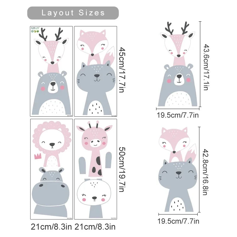 Cartoon animal wall stickers with dimensions on a white background